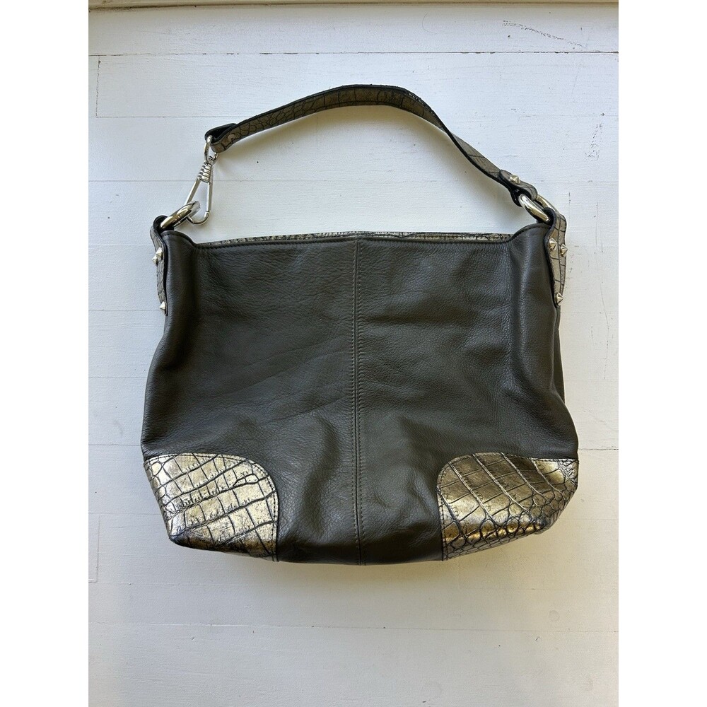 Falor Leather Olive Green Croc Embossed Metallic Gold Shoulder Purse Studded